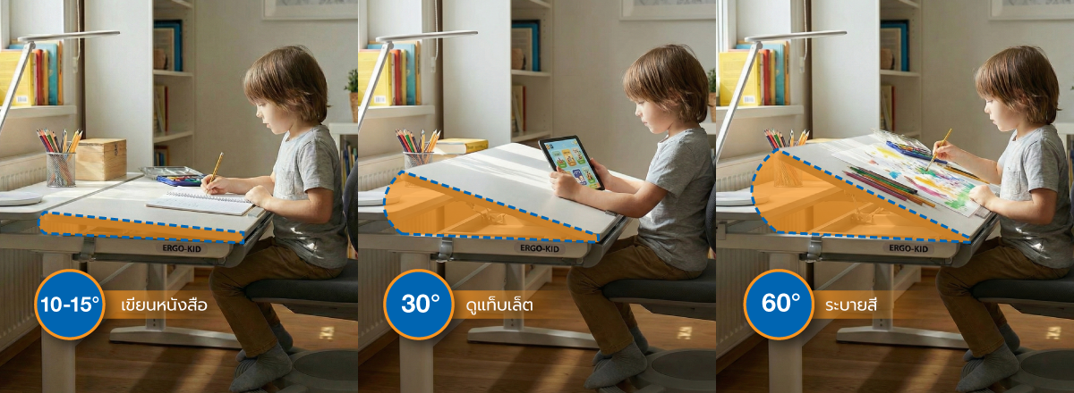 The boy is writing at an ergonomic desk.