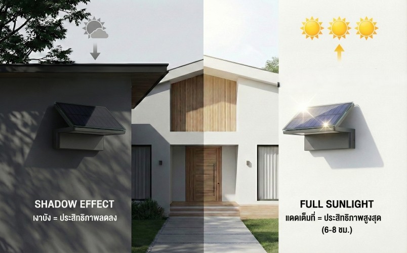 เปรียบเทียบการติดตั้งแผงไฟสปอร์ตไลท์โซล่าเซลล์จุดที่มีเงาบังกับจุดที่รับแดดจัดเพื่อประสิทธิภาพการชาร์จสูงสุด