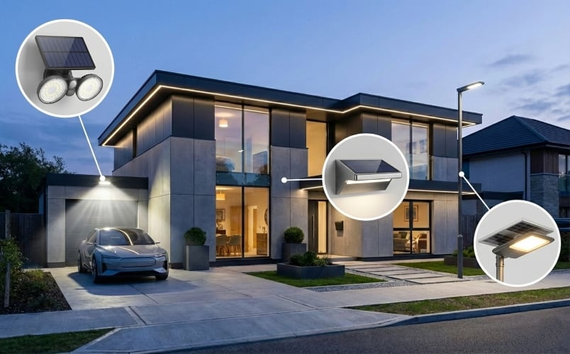 แนะนำ 3 ประเภทไฟโซล่าเซลล์ติดหน้าบ้าน สปอร์ตไลท์ ไฟถนน และไฟกิ่ง แบบมีแผงชาร์จในตัวเพื่อความปลอดภัย