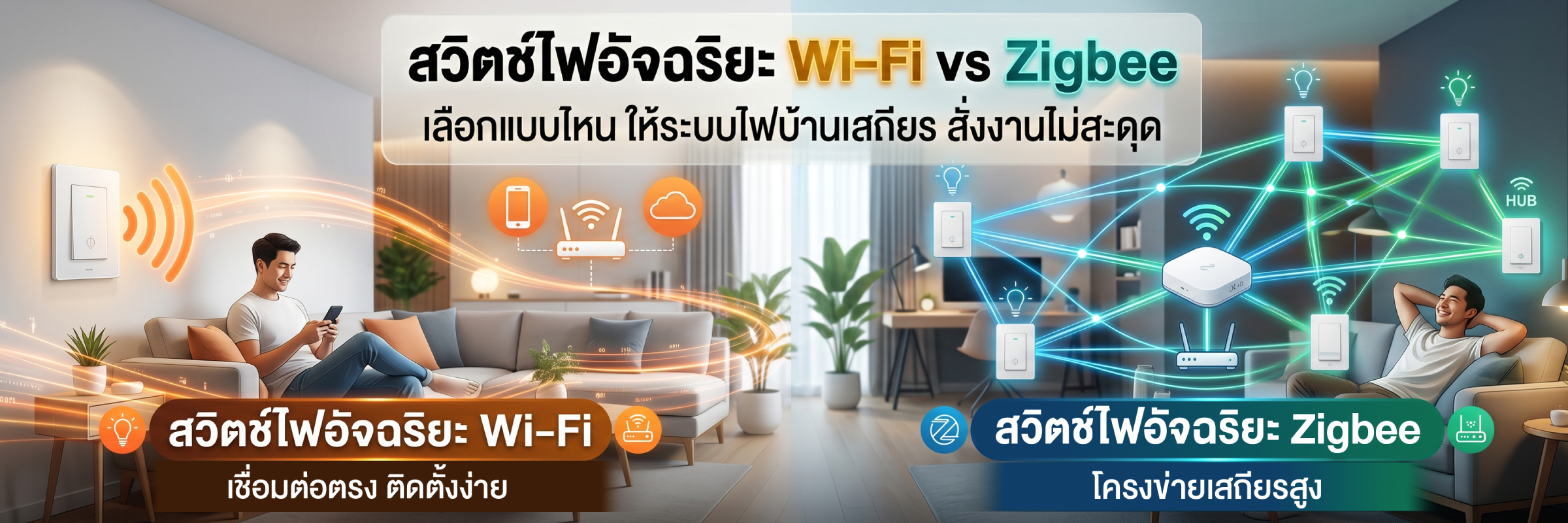 สวิตช์ไฟอัจฉริยะ Wi-Fi vs Zigbee เลือกแบบไหนดี? ให้ระบบไฟบ้านเสถียร สั่งงานไม่สะดุด