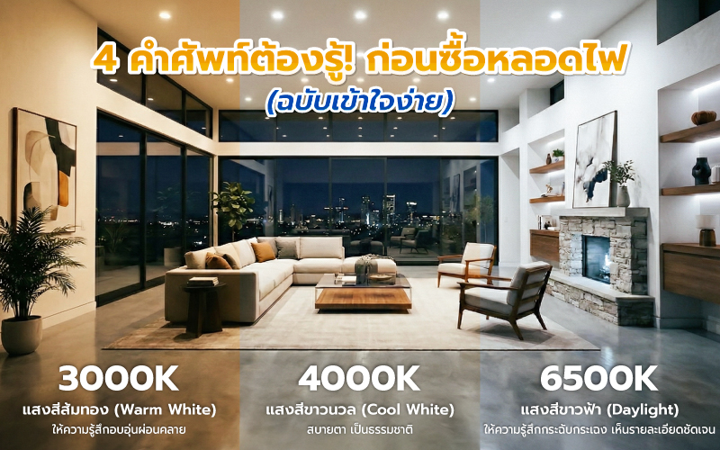 เปรียบเทียบแสงหลอดไฟ 3000K Warm White, 4000K Cool White และ 6500K Daylight วิธีเลือกอุณหภูมิสีหลอดไฟให้เหมาะกับห้อง