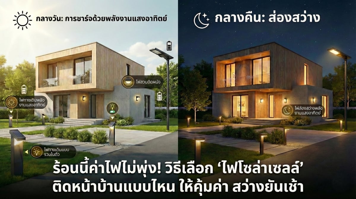 ร้อนนี้ค่าไฟไม่พุ่ง! วิธีเลือก ไฟโซล่าเซลล์ติดหน้าบ้านแบบไหน ให้คุ้มค่า สว่างยันเช้า