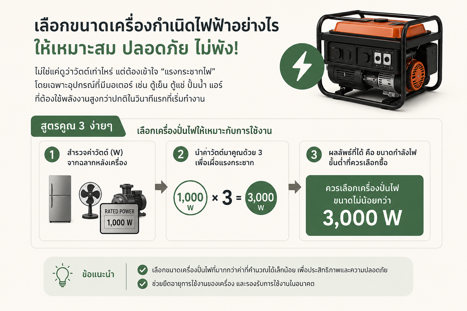 การคำนวณกำลังไฟเครื่องปั่นไฟ