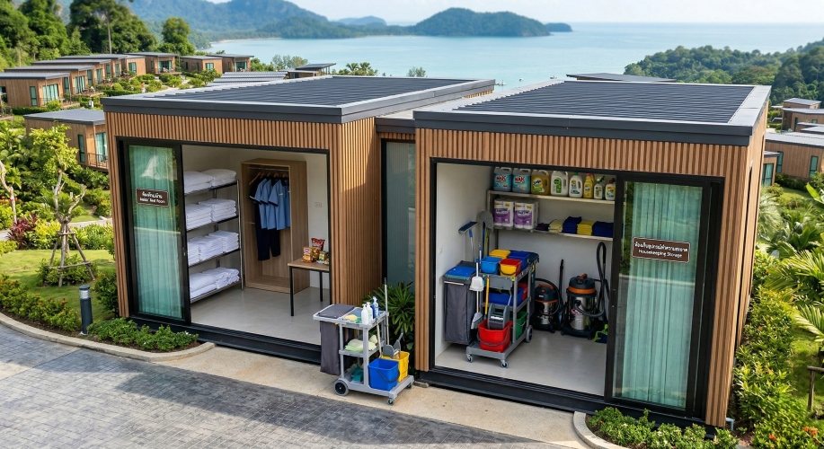 ภายในบ้านน็อคดาวน์ดีไซน์เพดานสูงโปร่ง พร้อมระบบไฟและฟังก์ชันครบครันสำหรับธุรกิจโรงแรม