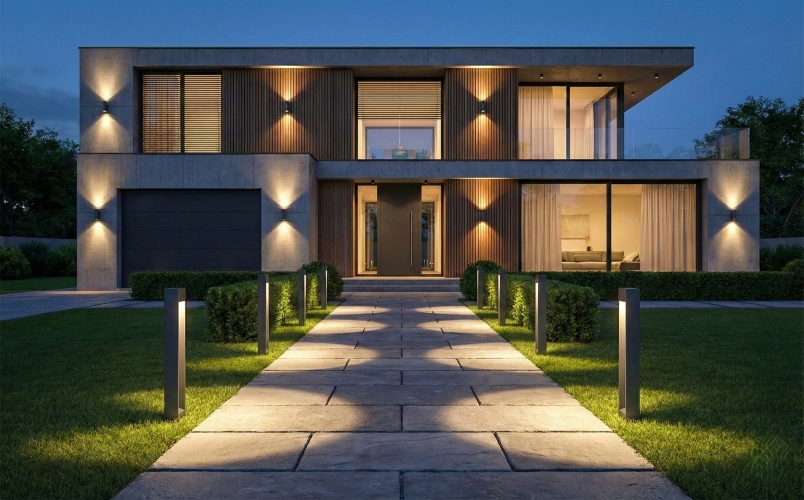 ไอเดียตกแต่งสวนหน้าบ้านโมเดิร์นด้วยไฟปักสนามโซล่าเซลล์ส่องสว่างตามแนวทางเดินยามค่ำคืน