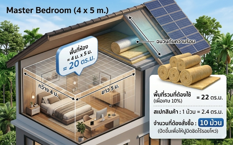 Infographic แสดงวิธีคำนวณพื้นที่ห้องนอนใหญ่ 4x5 เมตร เป็น 20 ตร.ม. และการคำนวณจำนวนม้วนฉนวนกันความร้อน 10 ม้วน (เผื่อเศษ 10%) เพื่อให้ปูมิดชิดไร้รอยโหว่