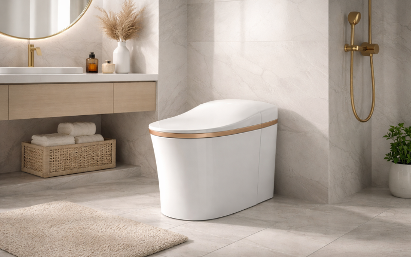สุขภัณฑ์แบบอัตโนมัติ สีขาว homepro ในห้องน้ำสีขาว