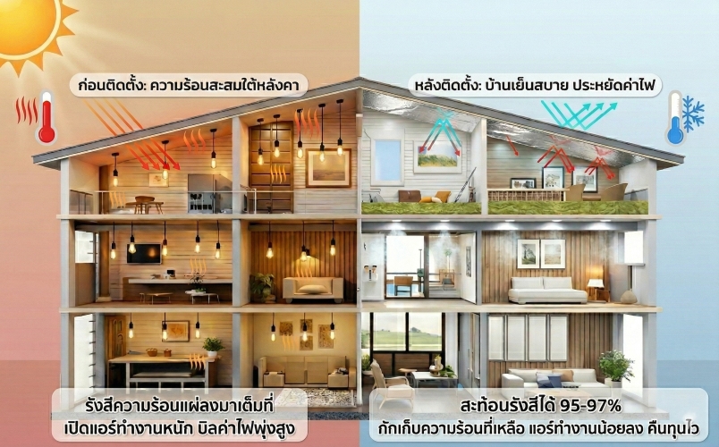 เปรียบเทียบภาพจำลองบ้านก่อนและหลังติดตั้งฉนวนกันความร้อน ช่วยสะท้อนรังสีความร้อนและประหยัดค่าไฟ