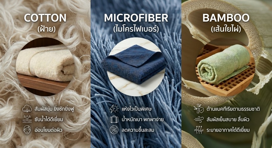 เปรียบเทียบวัสดุผ้าเช็ดตัว: ผ้าฝ้าย (Cotton) ซับน้ำดี, ผ้าไมโครไฟเบอร์ (Microfiber) แห้งไว และเส้นใยไผ่ (Bamboo) ลดกลิ่นอับต้านแบคทีเรีย