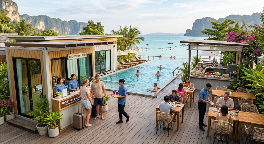 แบบบ้านสำเร็จรูปอเนกประสงค์สำหรับห้องแม่บ้านและห้องเก็บของ ช่วยจัดสรรพื้นที่รีสอร์ทอย่างเป็นระเบียบ