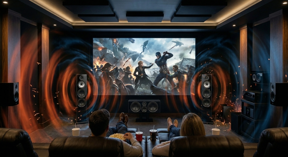 ไอเดียตกแต่งโรงหนังส่วนตัวที่บ้าน คู่รักกำลังนั่งดูหนังแอคชั่นบนโซฟาพรีเมียม พร้อมสัมผัสพลังเสียงเบสกระหึ่มสมจริงจากชุดลำโพงตั้งพื้นโฮมเธียเตอร์ระดับไฮเอนด์