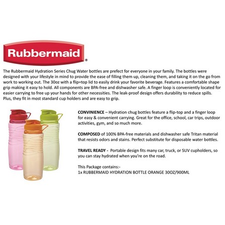 RUBBERMAID DRINKING BOTTLE HYDRATION 30OZ/900ML ORANGE