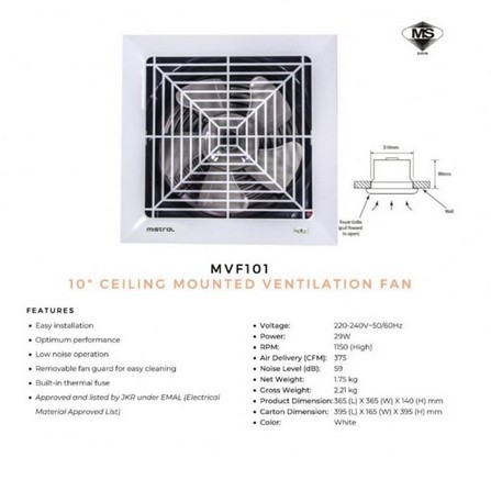 MISTRAL CEILING VENTILATOR MVF101 10" 29WATT 1150RPM