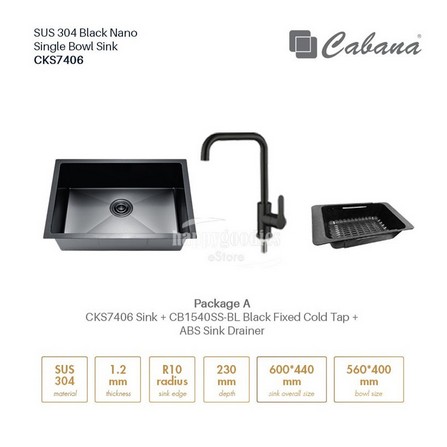 CABANA BUILT-IN UNDERMOUNT SINK 1BOWL CKS7406 NANO BLACK 60CM