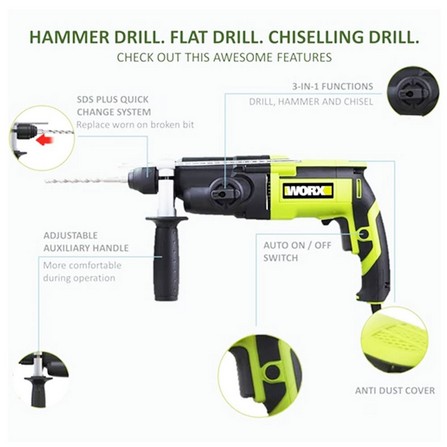 WORX ROTARY HAMMER 3F WU340P 26MM 800W BLACK