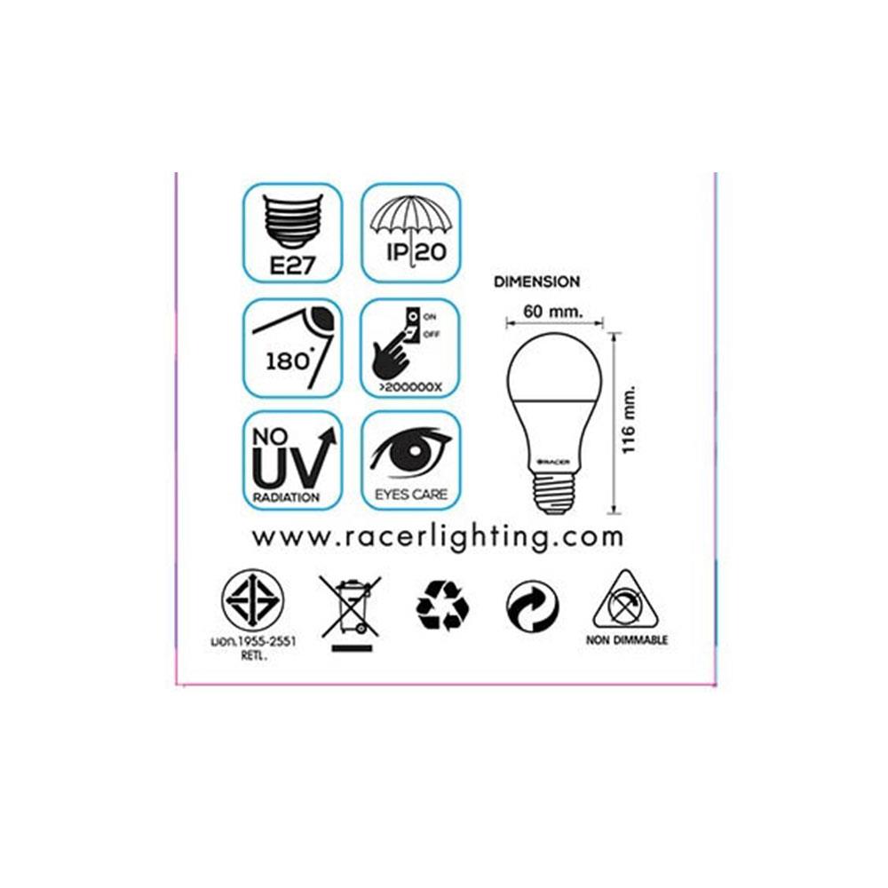 หลอด LED RACER KATIE LED A60 12W E27 DAYLIGHT