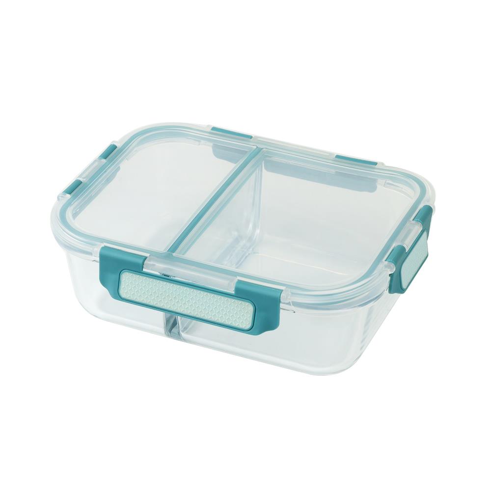 กล่องอาหารแก้วเหลี่ยมแบ่ง 2 ช่อง 1.04 ลิตร สีฟ้า