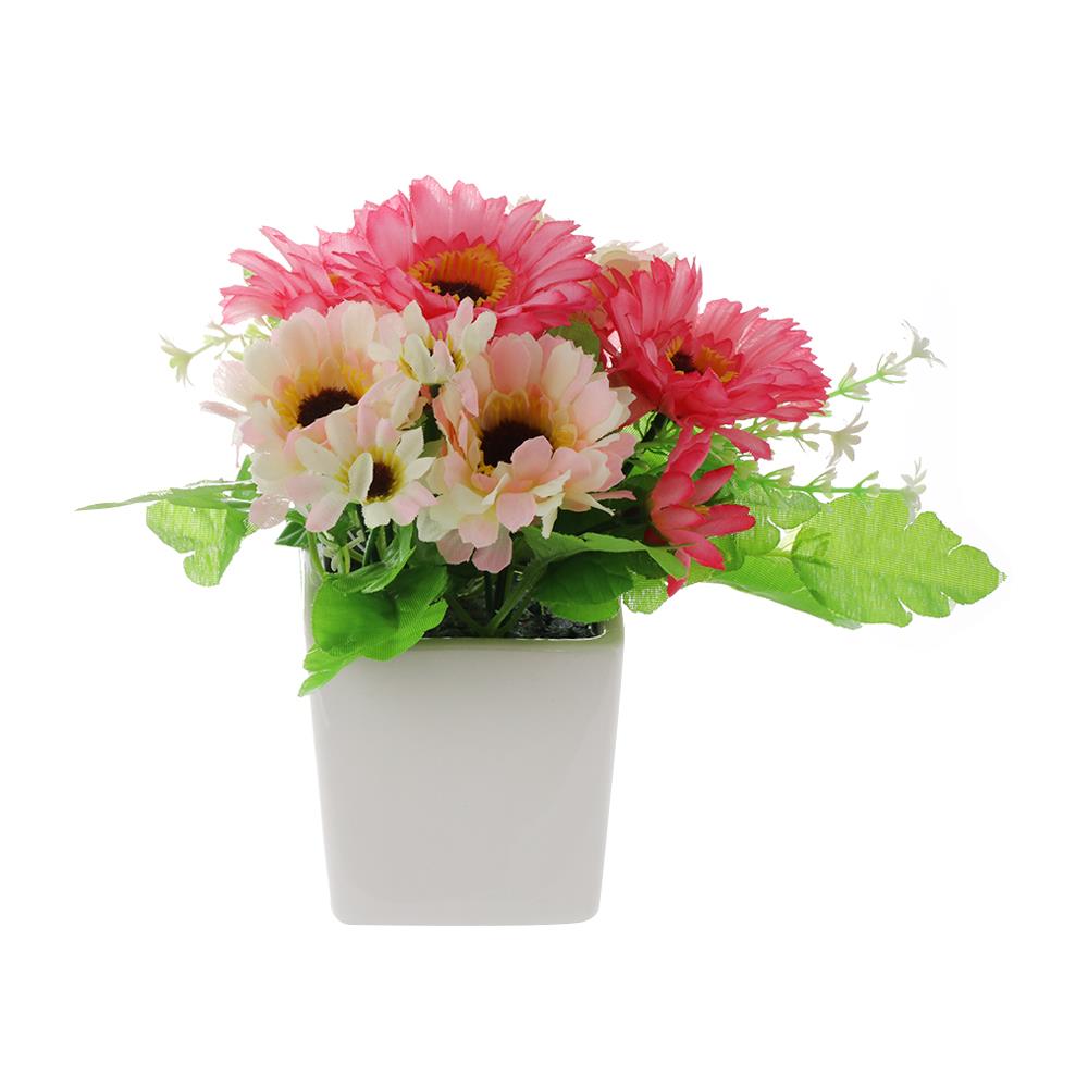 กระถางดอกไม้เบญจมาศประดิษฐ์ ฟ้าและดอกไม้ 20 ซม. สีชมพู