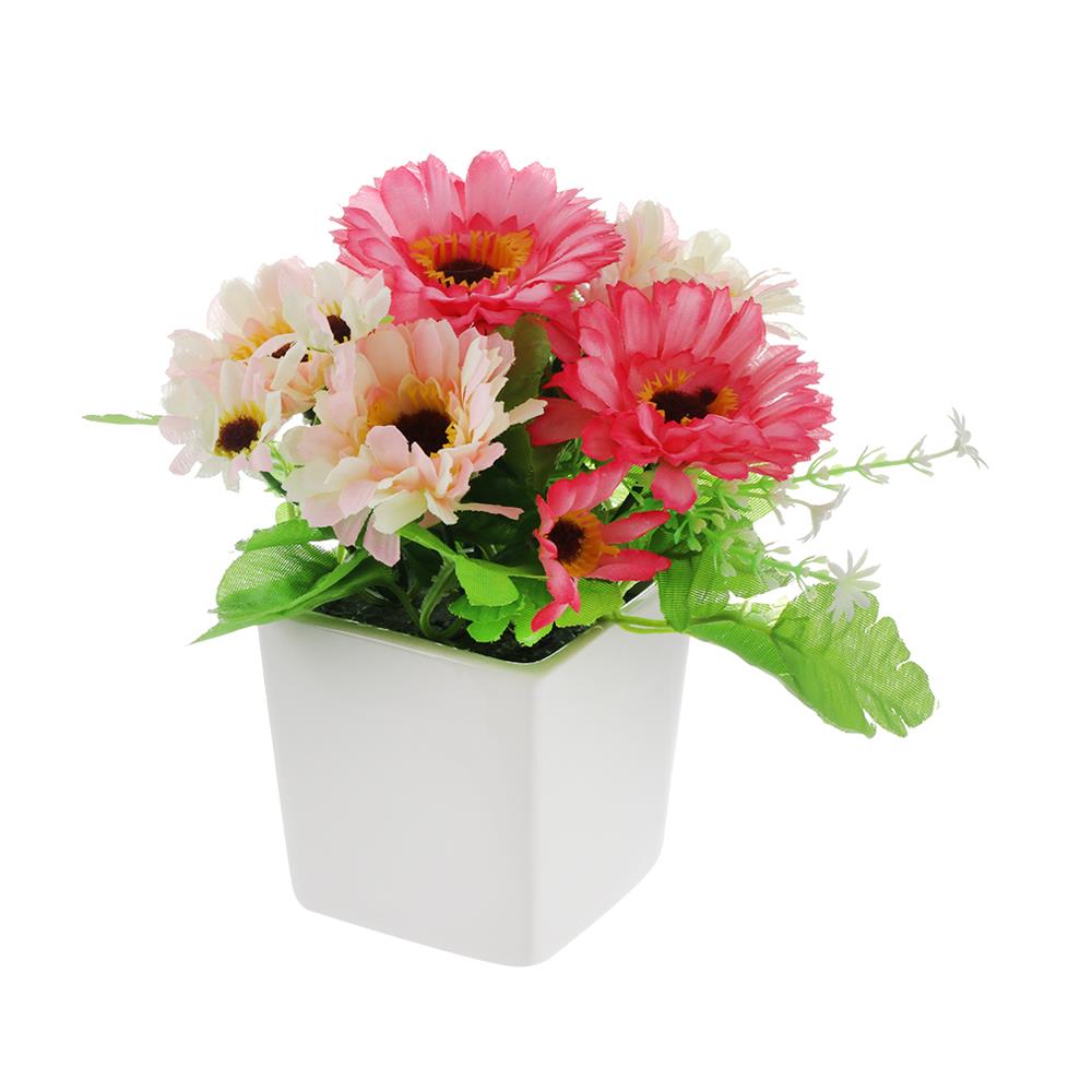 กระถางดอกไม้เบญจมาศประดิษฐ์ ฟ้าและดอกไม้ 20 ซม. สีชมพู