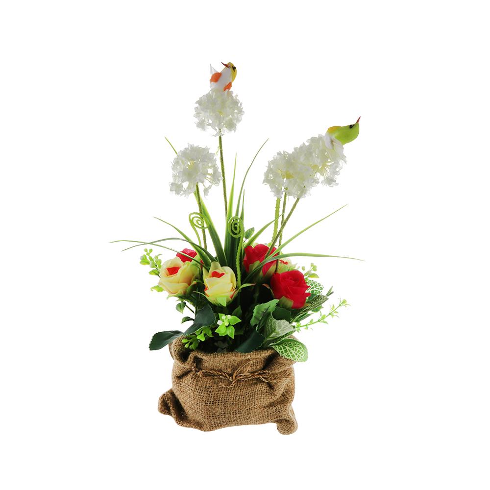 กระถางผ้ากระสอบดอกไม้อัลเลี่ยมประดิษฐ์ ฟ้าและดอกไม้ 33 ซม. สีขาว