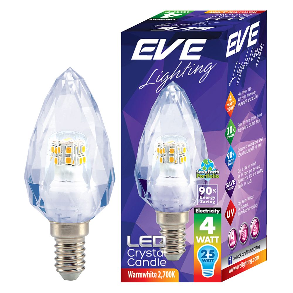 หลอด LED EVE CRYSTAL CANDLE 4 วัตต์ WARM WHITE E14