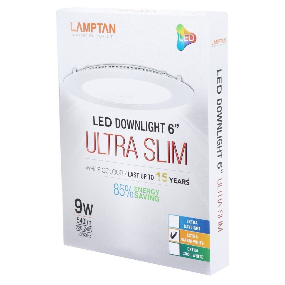 ดาวน์ไลท์ LED LAMPTAN ULTRA SLIM 9W WARMWHITE อะลูมิเนียม 6" กลม สีขาว