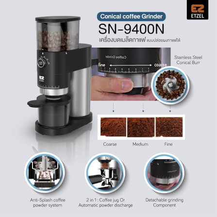 เครื่องบดเมล็ดกาแฟ ETZEL รุ่น SN9400N เฟืองบด สแตนเลส Conical burr 2 in 1_2
