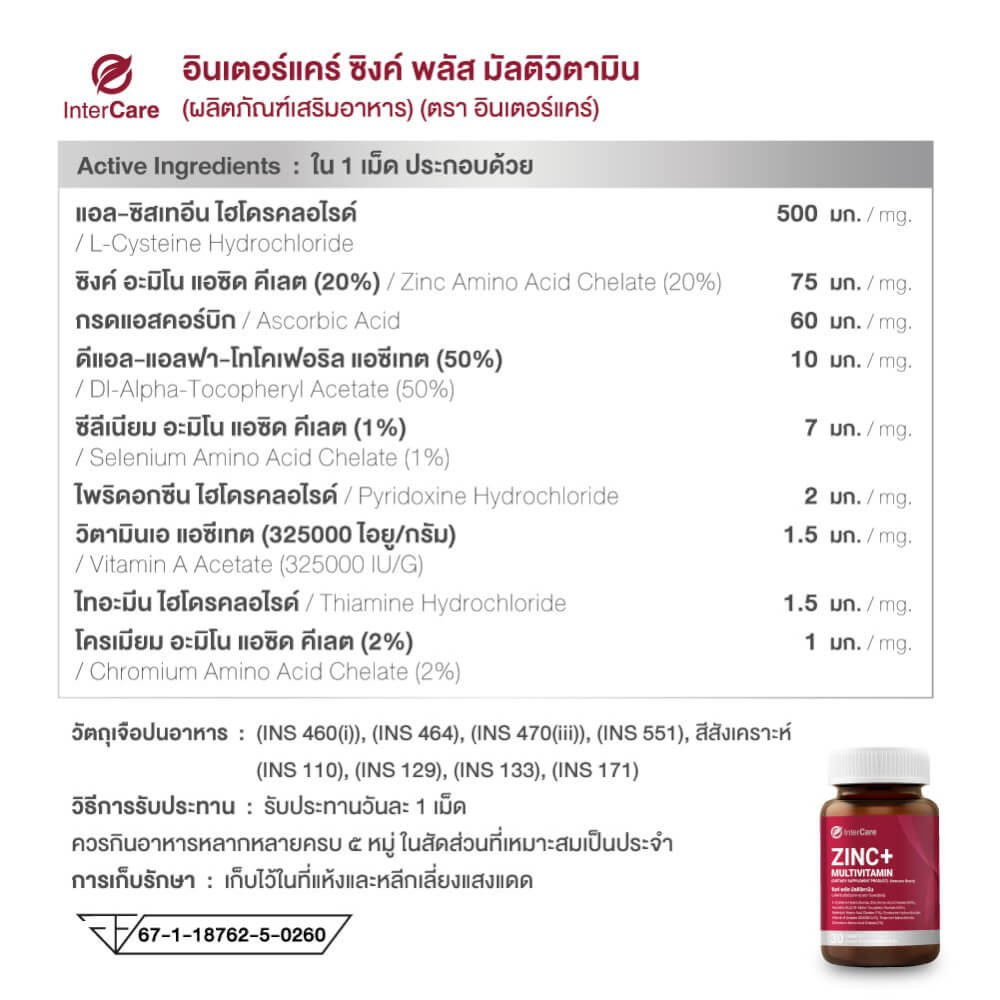 ผลิตภัณฑ์เสริมอาหาร INTERCARE ซิงค์ พลัส มัลติวิตามิน (1 กระปุก : 60 เม็ด)