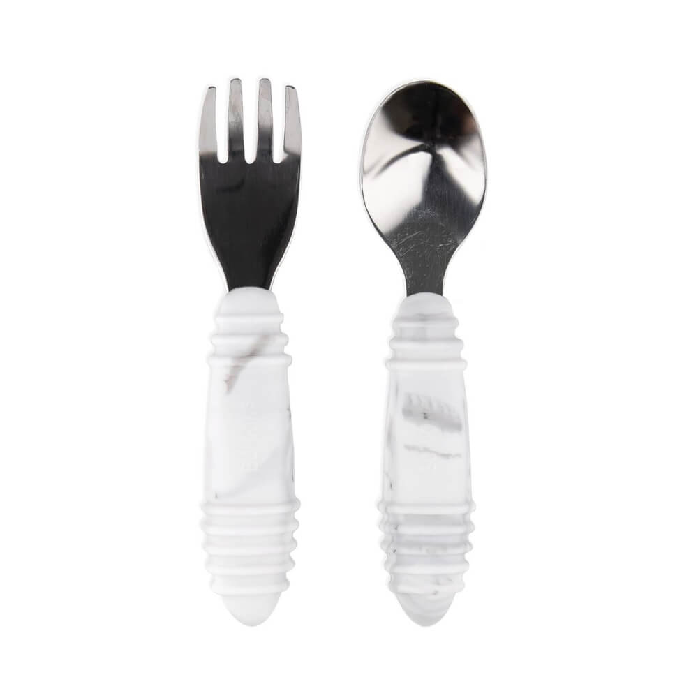 ชุดช้อนส้อมสแตนเลส ด้านจับซิลิโคน 18m+ Bumkins Spoon and Fork Set Marble