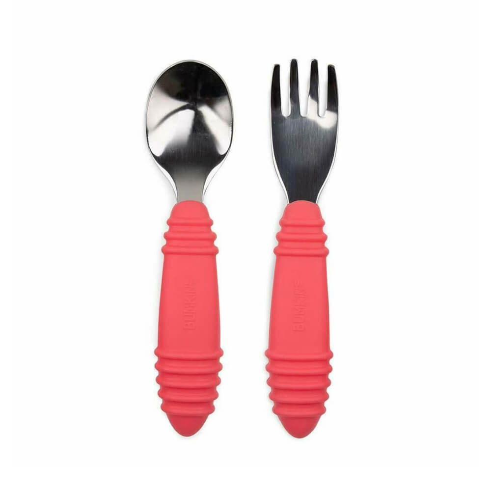 ชุดช้อนส้อมสแตนเลส ด้านจับซิลิโคน 18m+ Bumkins Spoon and Fork Set Red