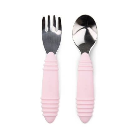 ชุดช้อนส้อมสแตนเลส ด้านจับซิลิโคน 18m+ Bumkins Spoon and Fork Set Pink_0