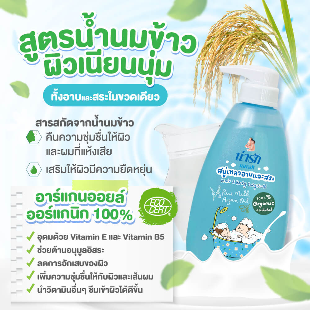 สบู่เหลวอาบและสระออร์แกนิก Narak ไรซ์มิลค์&อาร์แกนออยล์ 465 มล."แถมนิทานน่ารัก 1 เล่ม"