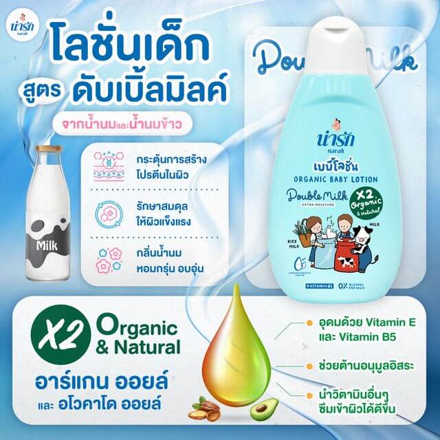 เบบี้โลชั่นออร์แกนิก Narak ดับเบิ้ลมิลค์ (สีฟ้า) + วิตามินบี5 180 มล.