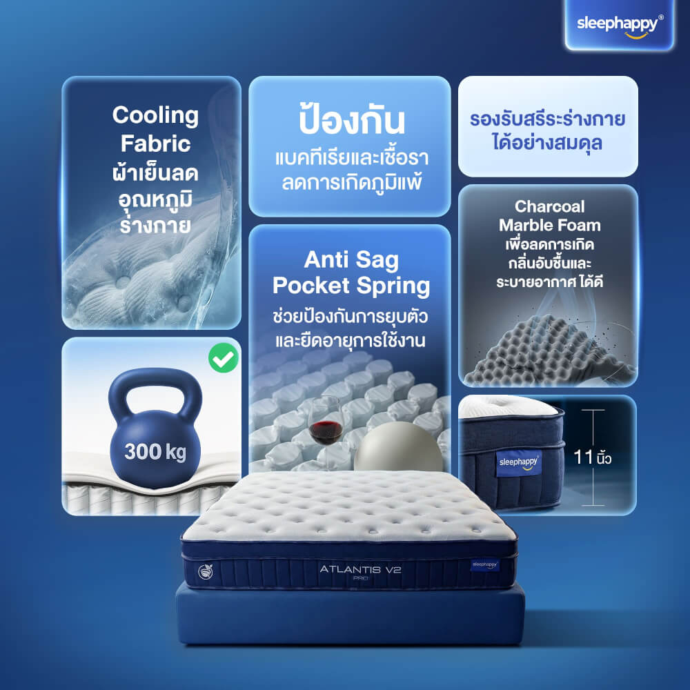ที่นอนพ็อกเก็ตสปริง 3.5 ฟุต SLEEPHAPPY ATLANTIS V2 PRO หนา 11 นิ้ว