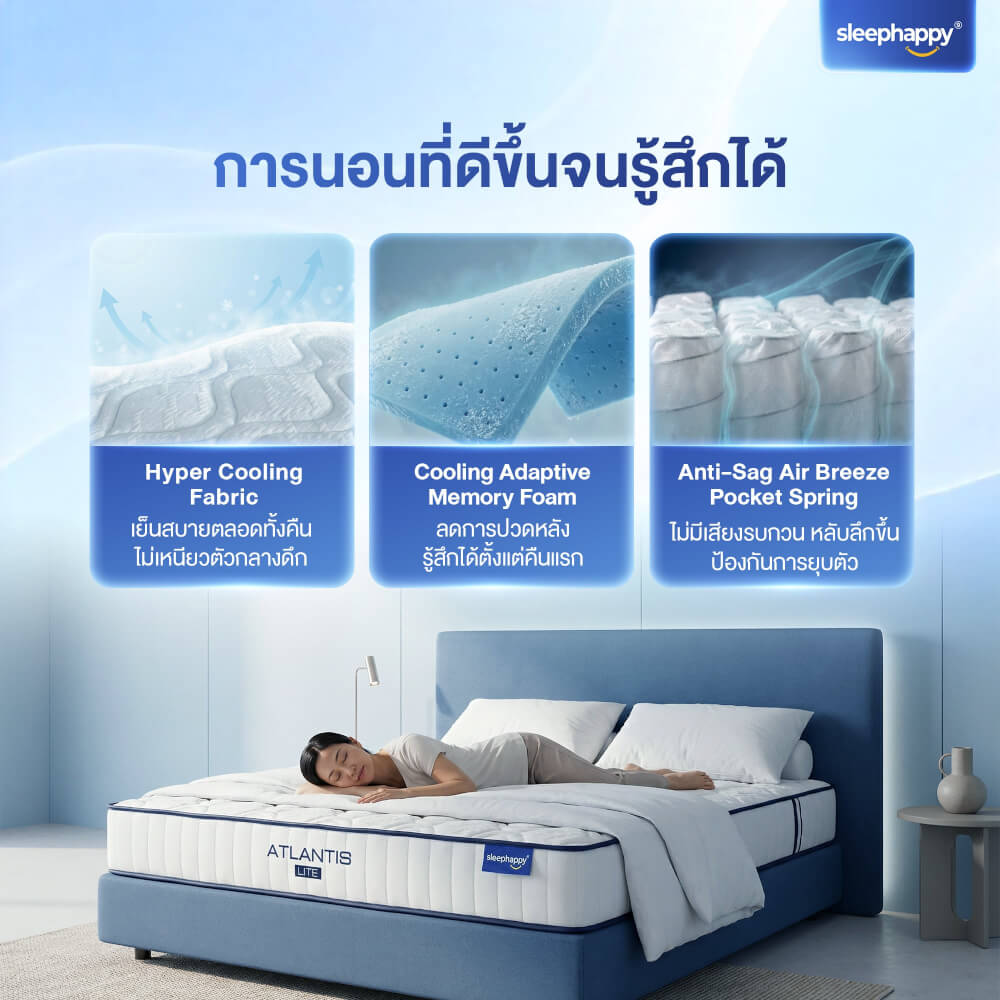 ที่นอนพ็อกเก็ตสปริง 6 ฟุต SLEEPHAPPY ATLANTIS LITE หนา 8 นิ้ว