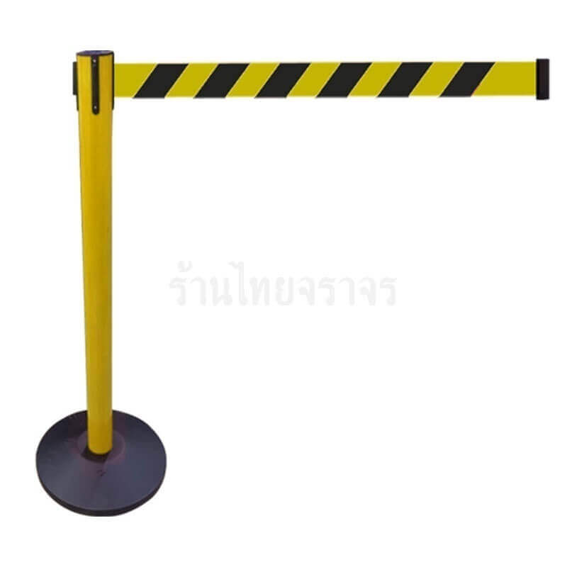 เสากั้นทางเดินเหล็กทำสีเหลือง ร้านไทยจราจร ชนิดสายดึงกลับอัตโนมัติสีเหลือง-ดำ ความสูง 102 Cm. ความยาวเชือก 3 เมตร (ราคาต่อต้น)