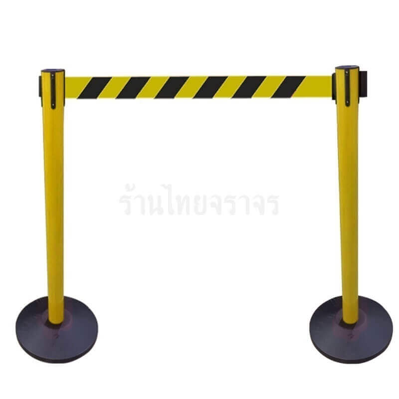 เสากั้นทางเดินเหล็กทำสีเหลือง ร้านไทยจราจร ชนิดสายดึงกลับอัตโนมัติสีเหลือง-ดำ ความสูง 102 Cm. ความยาวเชือก 3 เมตร (ราคาต่อต้น)