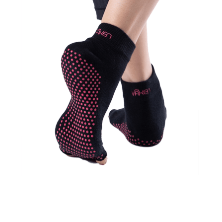 ถุงเท้ากันลื่นเปิดนิ้ว Vaken รุ่น Grip Socks Half Toe ไซส์ M/L สีดำดอทชมพู_2