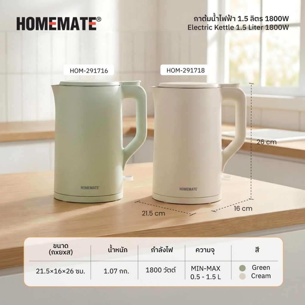 กาต้มน้ำไฟฟ้า COOL-TOUCH HOMEMATE (HOM-291718) 1.5 ลิตร สีครีม_4