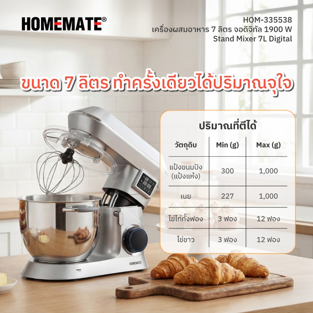 เครื่องผสมอาหาร หน้าจอดิจิทัล HOMEMATE (HOM-335538) 7 ลิตร สีเงิน