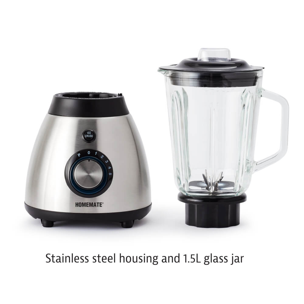 เครื่องปั่นโถแก้ว HOMEMATE (HOM-295081) ความจุ 1.5 ลิตร สีเงิน-ดำ