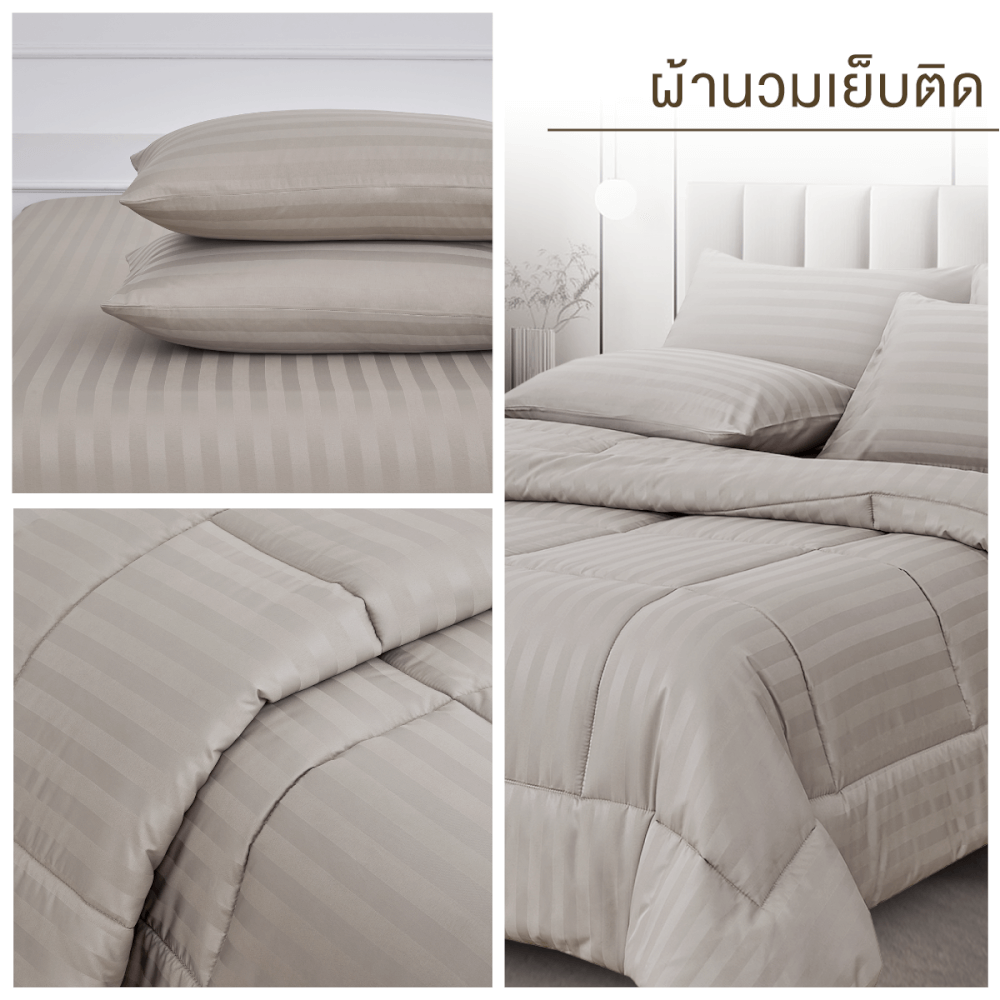 ชุดผ้าปูที่นอน 5 ฟุต 6 ชิ้น ibed ลายริ้ว Latte Milk พร้อมผ้านวมเย็บติด