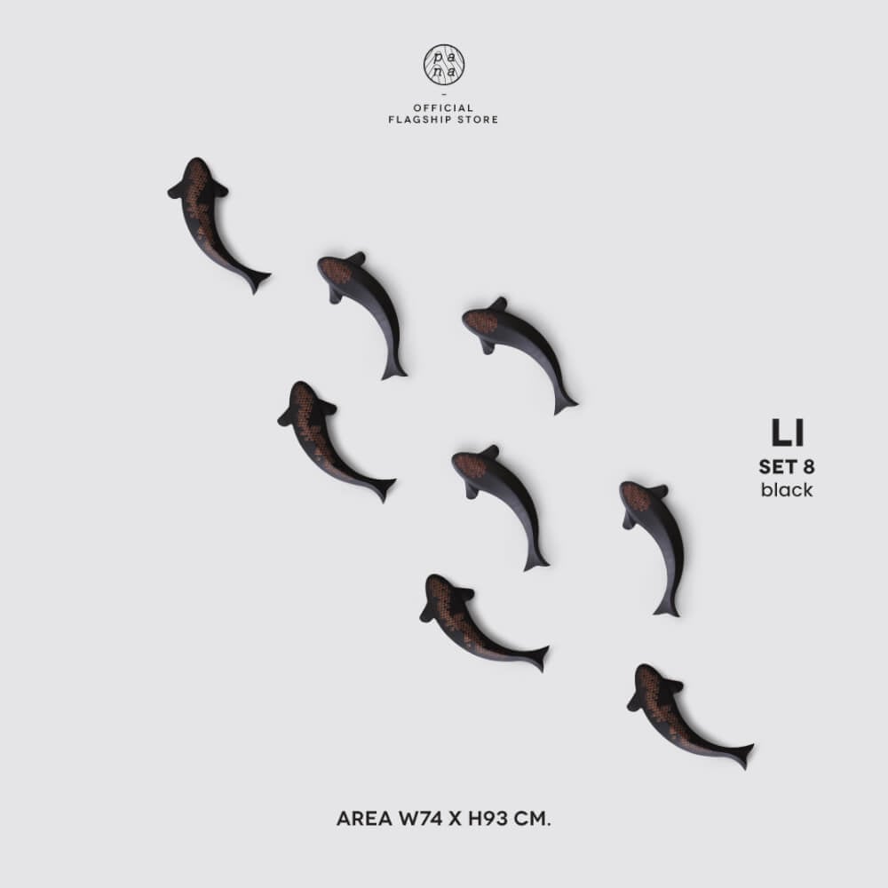 ปลาคาร์ปตกแต่งผนังเสริมมงคลขึ้นชิ้นงาน 3 มิติไม้บีชจริง Pana Objects รุ่น Li: SET 8 All Black Koi wall decoration size 4.3 x 26 x 2.2 ซม