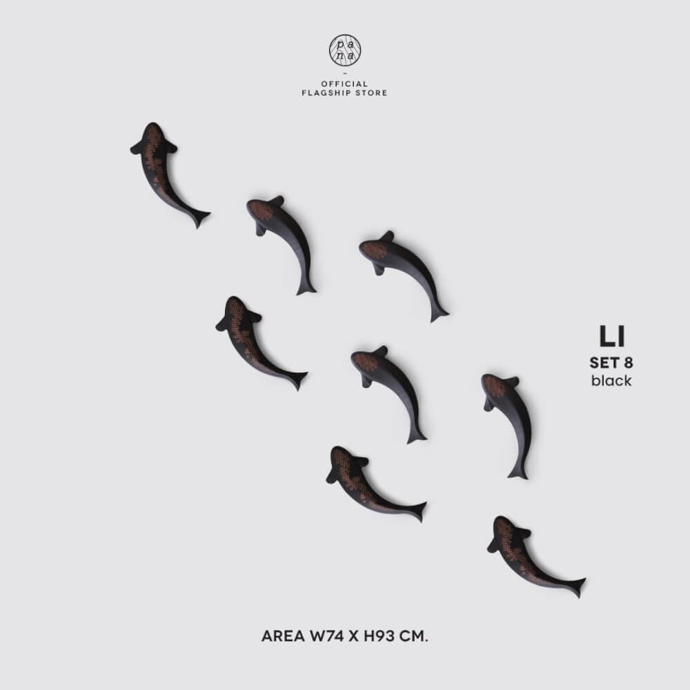 ปลาคาร์ปตกแต่งผนังเสริมมงคลขึ้นชิ้นงาน 3 มิติไม้บีชจริง Pana Objects รุ่น Li: SET 8 All Black Koi wall decoration size 4.3 x 26 x 2.2 ซม