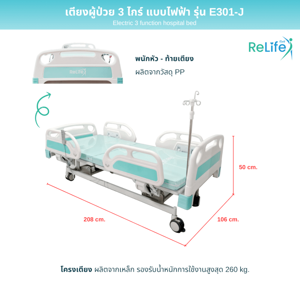 เตียงผู้ป่วยไฟฟ้า RELIFE รุ่น E301-J 3 ไกร์ แบบปีกนก_3