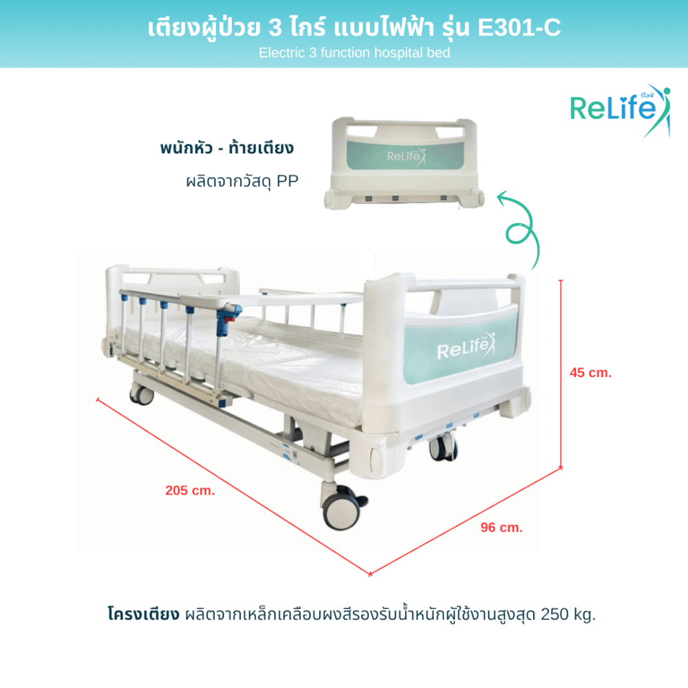 เตียงผู้ป่วยไฟฟ้า RELIFE รุ่น E301-C 3 ไกร์ ราวสไลด์