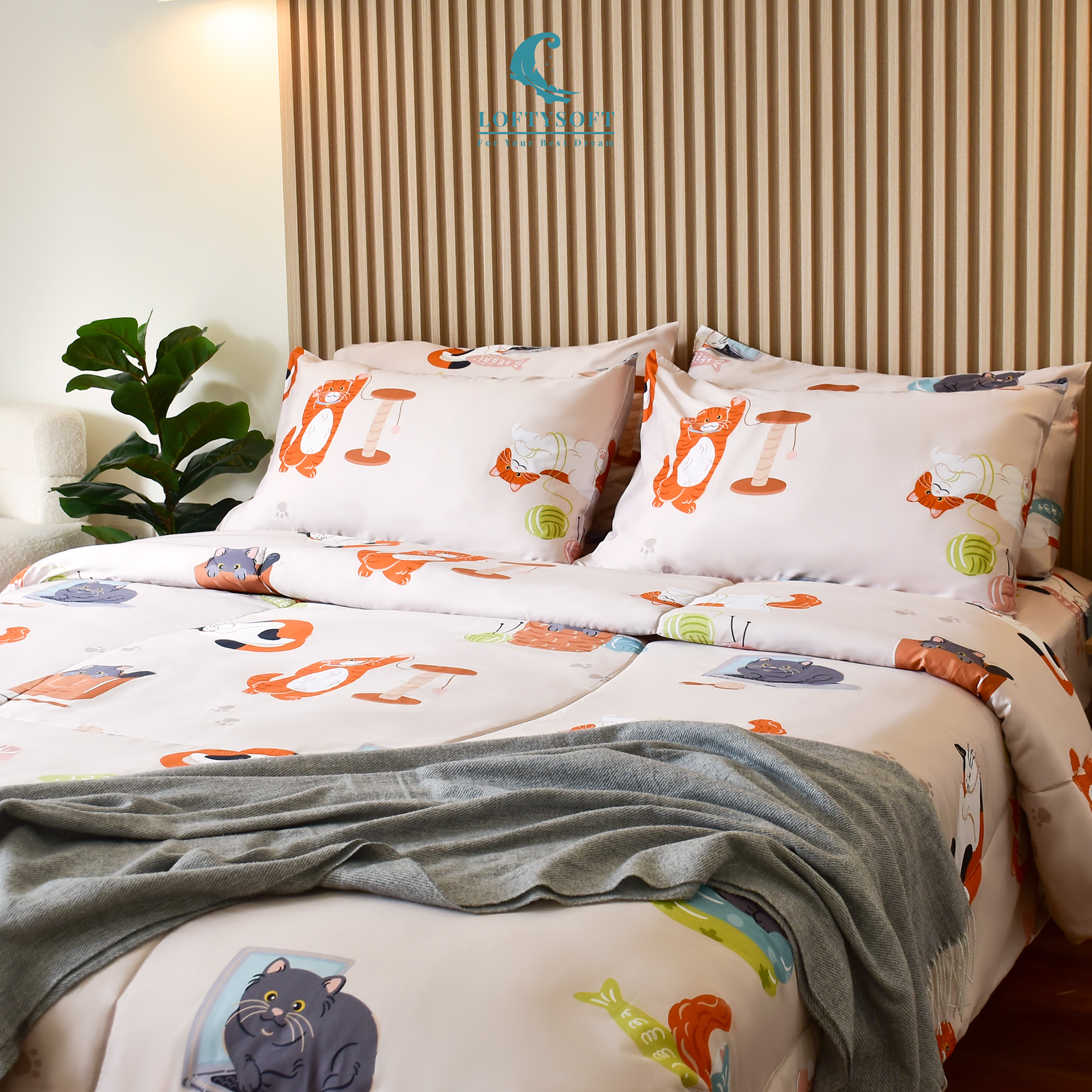 ชุดผ้าปูที่นอน 6 ฟุต 5 ชิ้น LOFTYSOFT FANTASIA COLLECTION - GINGER MEOW SET D_4