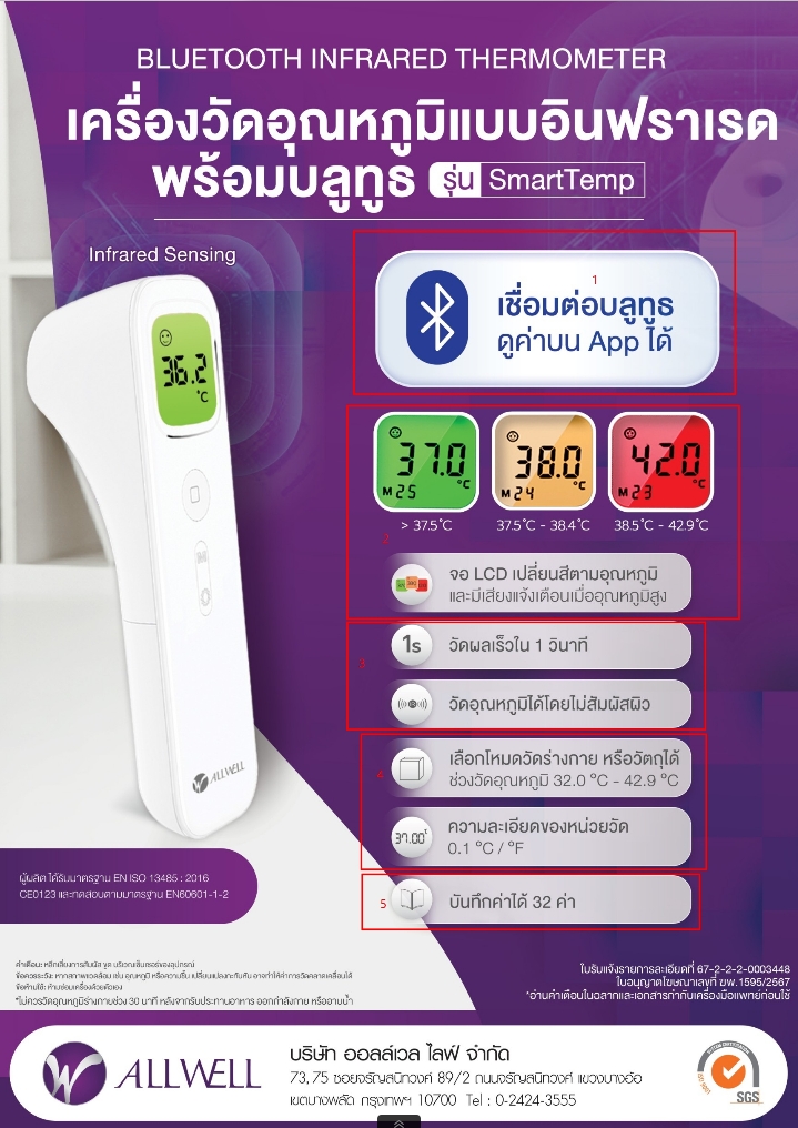  เครื่องวัดอุณหภูมิร่างกาย ALLWELL  รุ่น SmartTemp อินฟราเรด เชื่อม app ได้_1