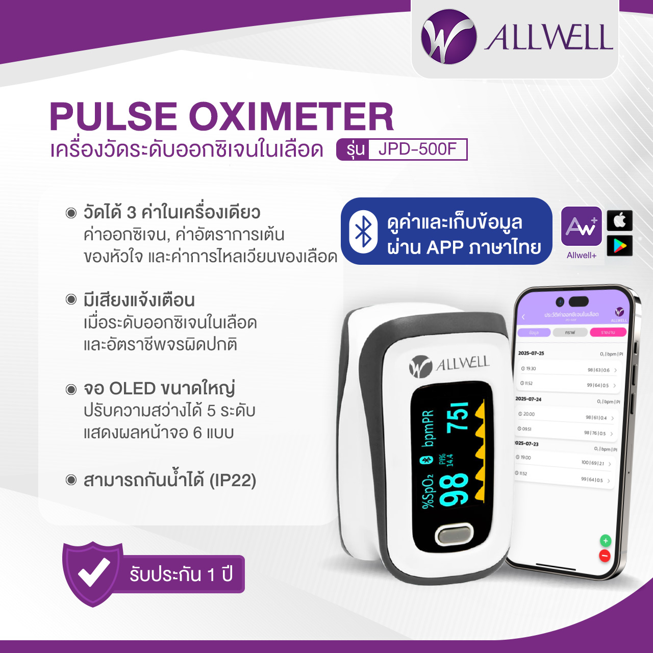 ALLWELL เครื่องวัดออกซิเจนปลายนิ้ว พร้อมส่ง รุ่น JPD-500F (เชื่อมแอปได้) มีให้เลือก 2 รุ่น เครื่องวัดออกซิเจน_2