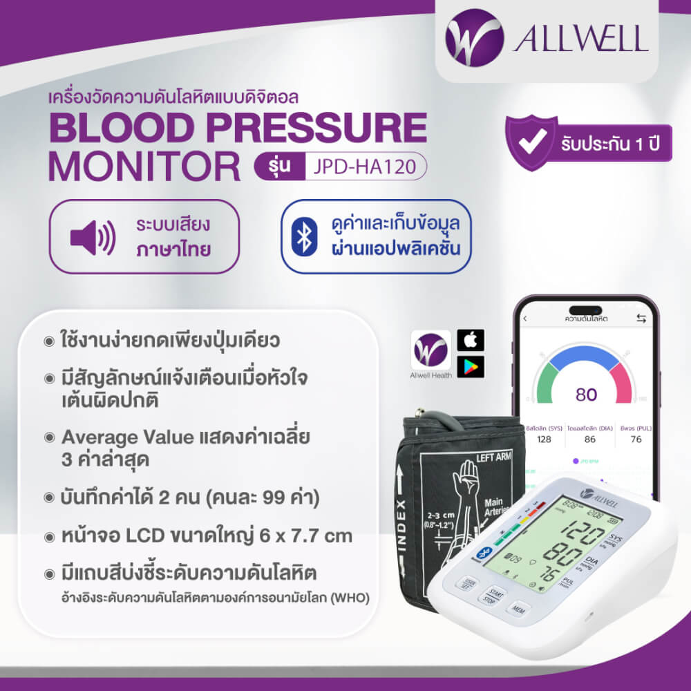 เครื่องวัดความดัน ALLWELL เชื่อมต่อมือถือ ระบบเสียงพูดภาษาไทย รุ่น JPD-HA120 สีขาว